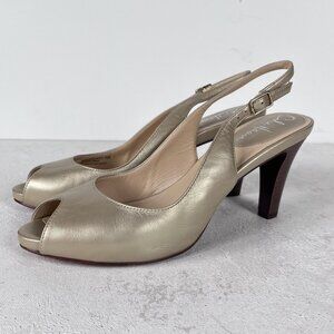 Cole Haan Womens Peep Toe Slingback Gold Heels Sz 7.5